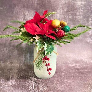 Red Poinsettia Christmas Faux Floral Arrangement in Frosted Mason Jar Decor